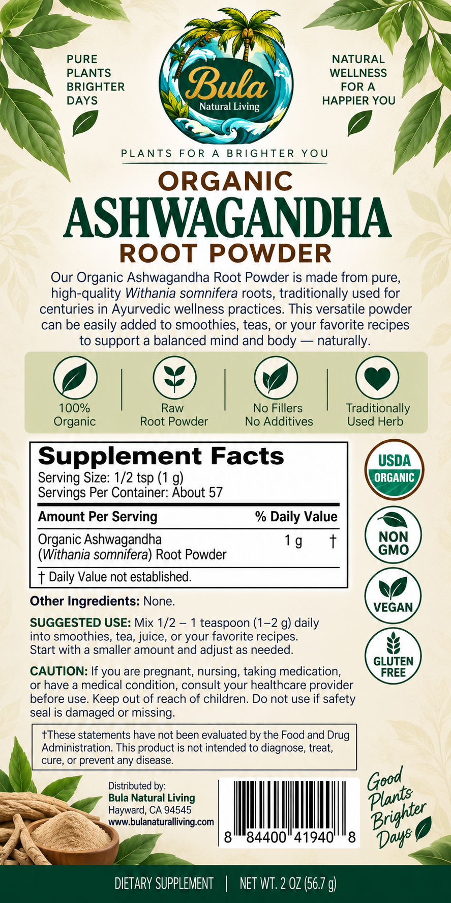 Bula Natural Living Ashwagandha Powder Packaging