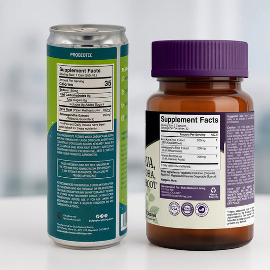 Stress Relief Duo | Kava Kava, Ashwagandha & Valerian Root Capsules + Vanua Bliss Kava Soda