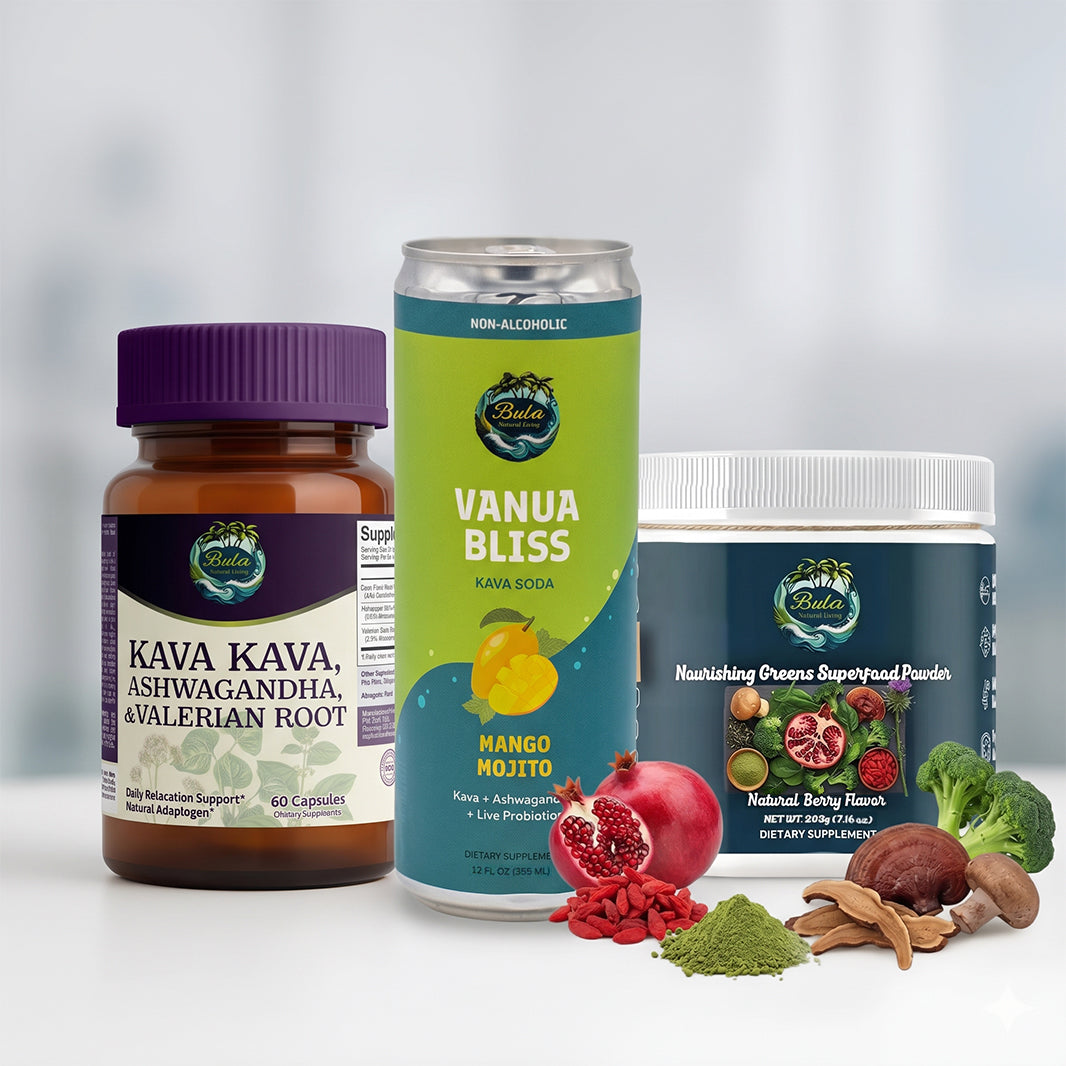 Stress & Balance Trio | Kava Kava, Ashwagandha & Valerian Root Capsules + Vanua Bliss Kava Soda + Nourishing Greens Superfood Powder
