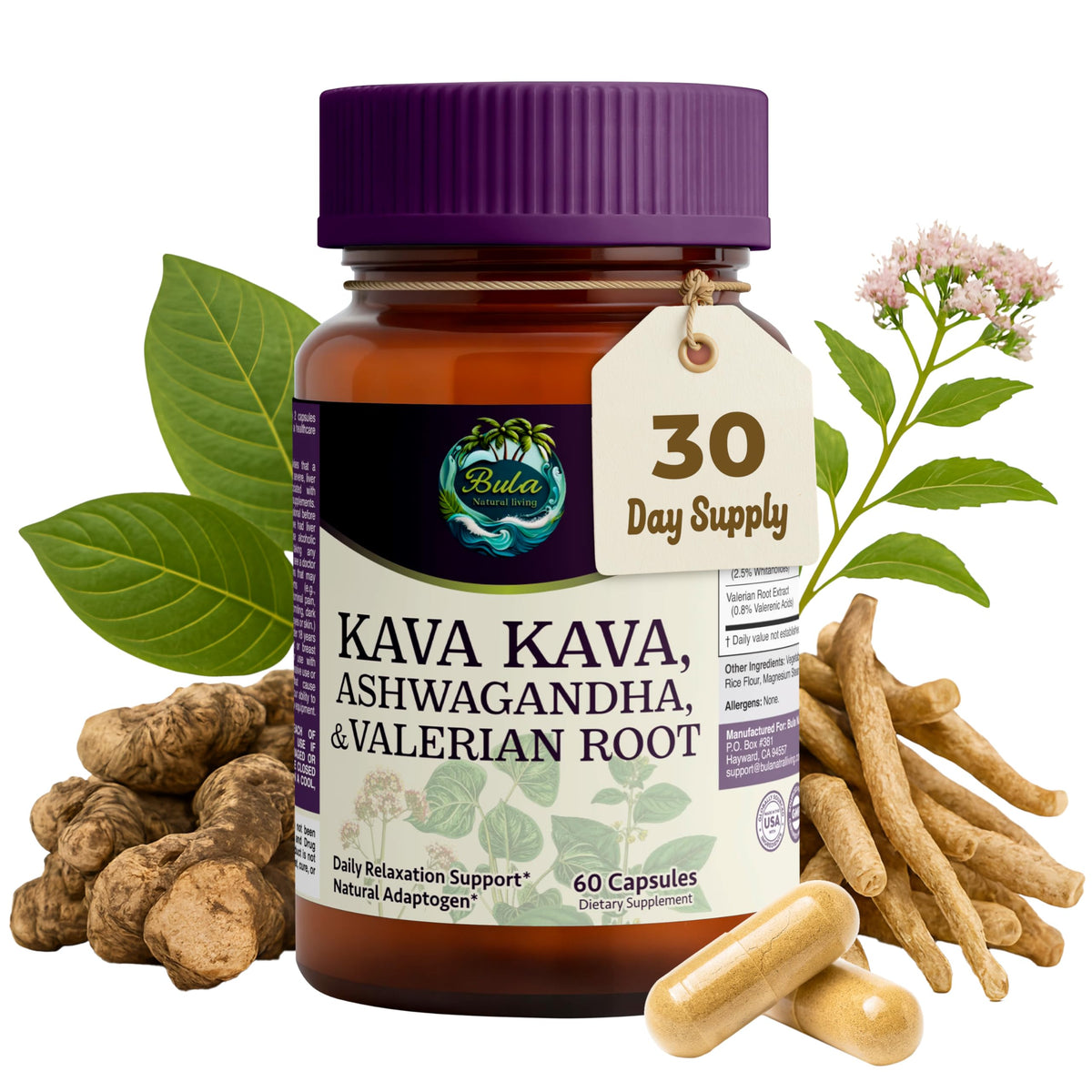 Bula Natural Living Kava Kava, Ashwagandha & Valerian Root Pills – 60 Pills (30 Servings)
