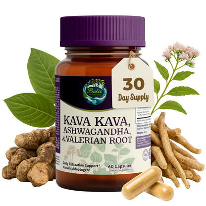 Bula Natural Living Kava Kava, Ashwagandha & Valerian Root Pills – 60 Pills (30 Servings)