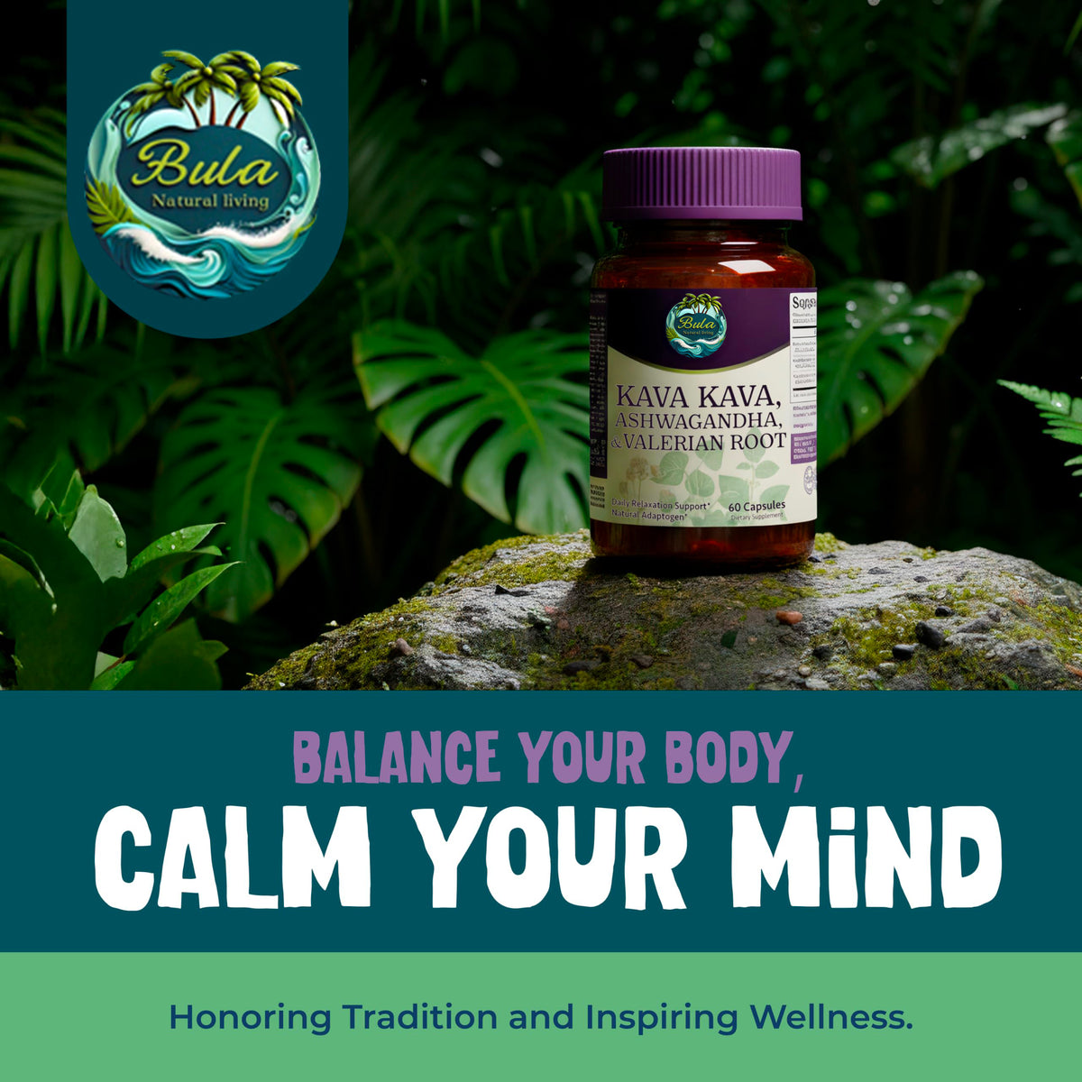Bula Natural Living Kava Kava, Ashwagandha & Valerian Root Pills – 60 Pills (30 Servings)