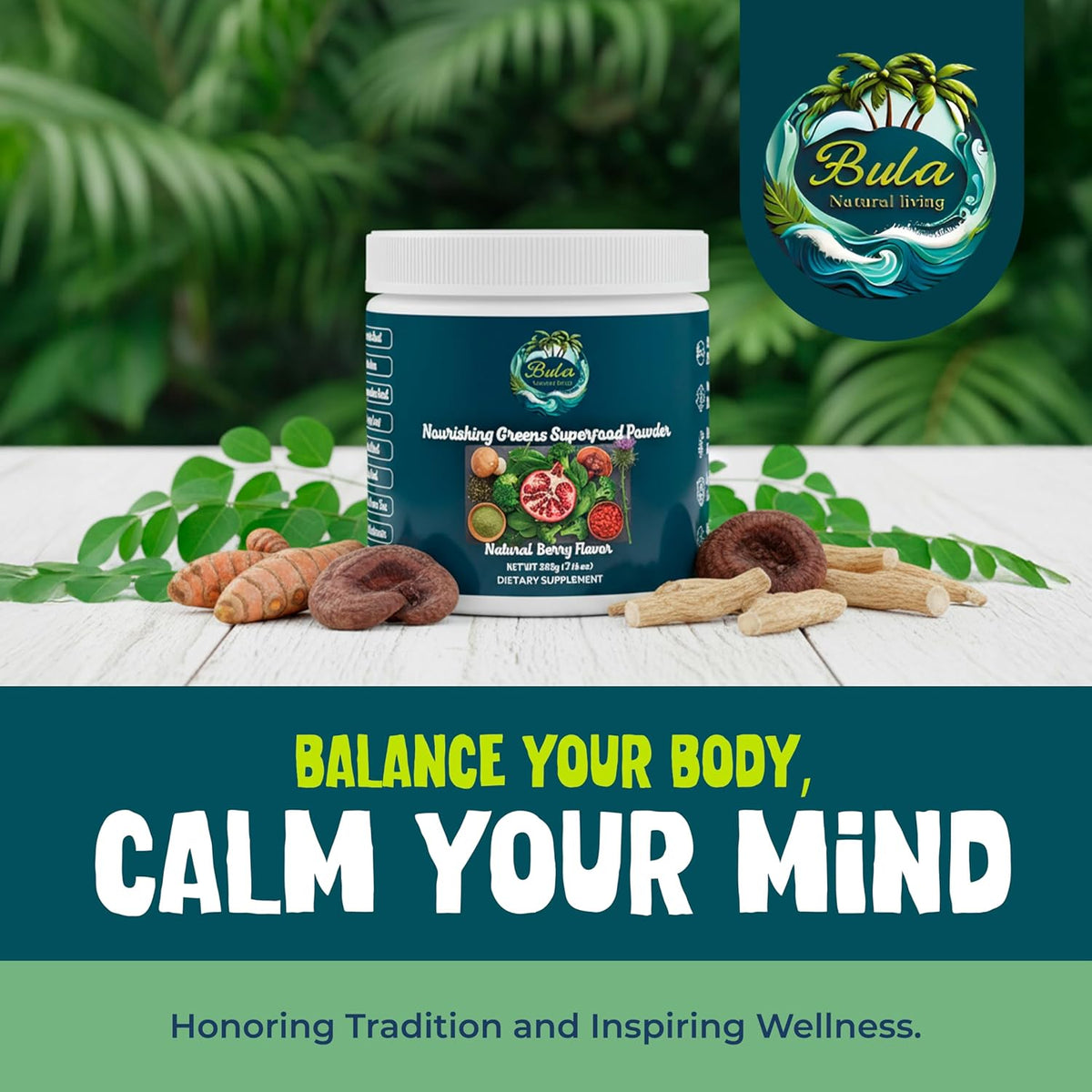 Bula Natural Living Nourishing Greens Superfood Powder-Natural Berry Flavor – 213g (30 Servings)