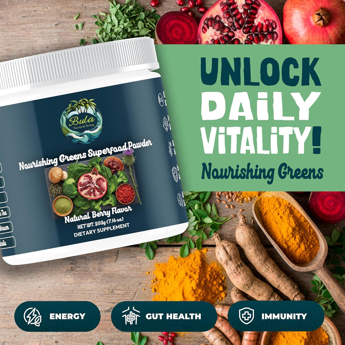Bula Natural Living Nourishing Greens Superfood Powder-Natural Berry Flavor – 213g (30 Servings)