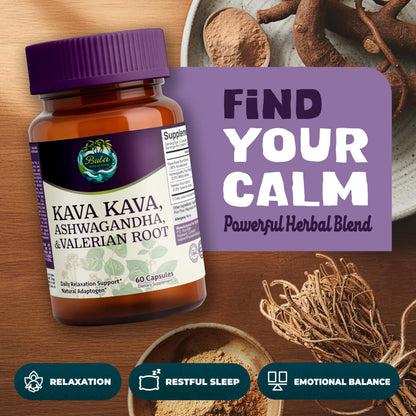 Bula Natural Living Kava Kava, Ashwagandha & Valerian Root Pills – 60 Pills (30 Servings)