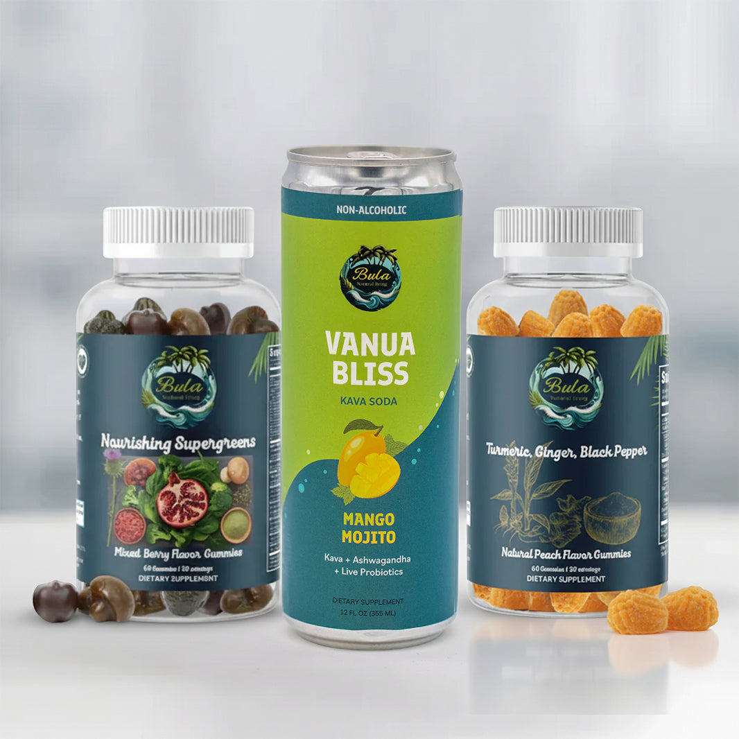 Gummies Wellness Trio | Nourishing Supergreens Gummies + Turmeric Ginger Pepper Gummies + Vanua Bliss Kava Soda