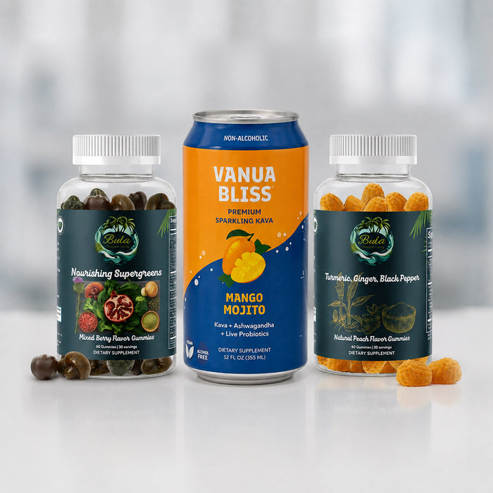 Gummies Wellness Trio | Nourishing Supergreens Gummies + Turmeric Ginger Pepper Gummies + Vanua Bliss Kava Soda (Pack of 6 Can)