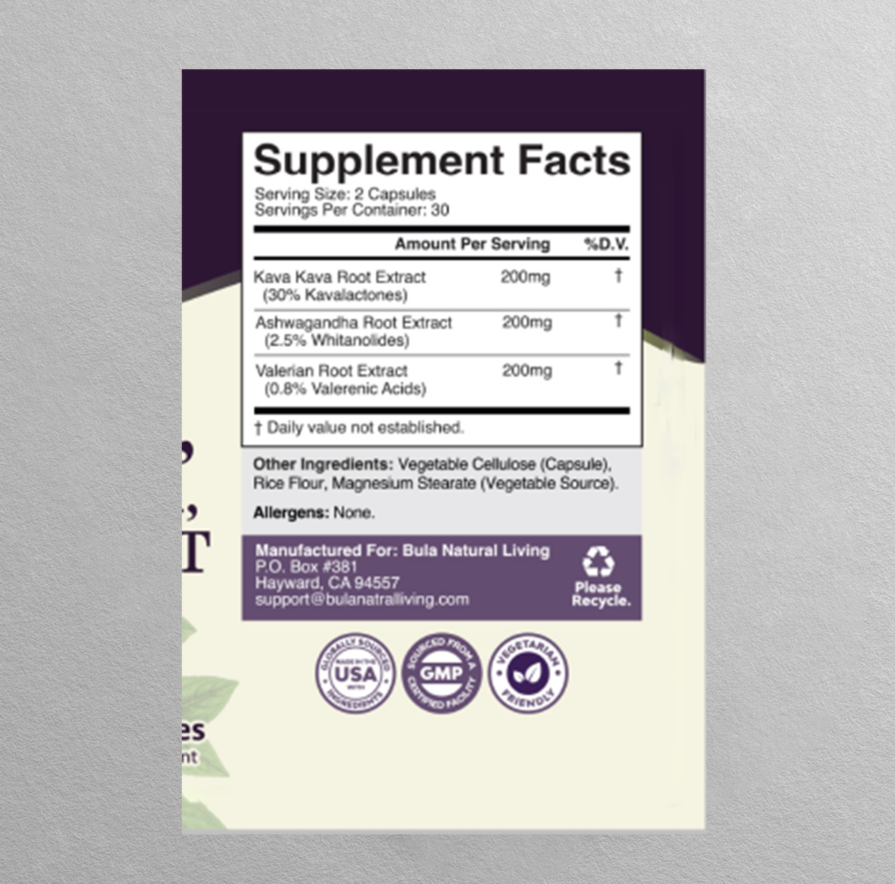 Bula Natural Living Kava Kava, Ashwagandha & Valerian Root Pills – 60 Pills (30 Servings)