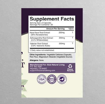 Bula Natural Living Kava Kava, Ashwagandha & Valerian Root Pills – 60 Pills (30 Servings)