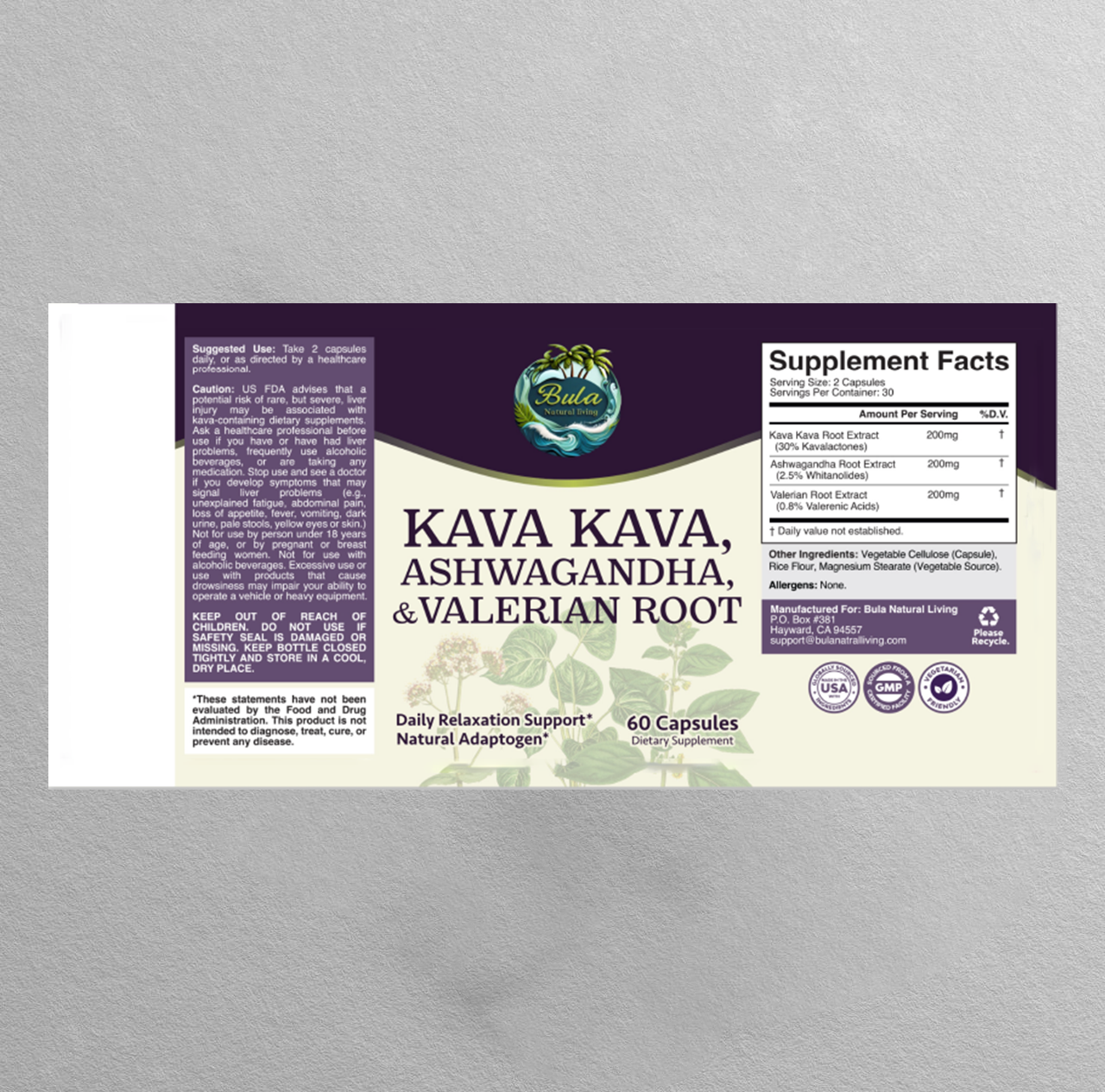 Bula Natural Living Kava Kava, Ashwagandha & Valerian Root Pills – 60 Pills (30 Servings)