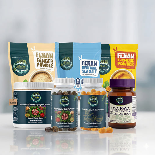 Premium Family Wellness Kit | Fijian Ginger Powder + Fijian Turmeric Powder + Fijian Heritage Sea Salt  * Greens Powder + Supergreens Gummies + Turmeric Gummies + Kava Ashwagandha Capsules