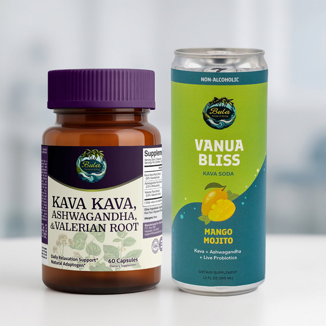 Stress Relief Duo | Kava Kava, Ashwagandha & Valerian Root Capsules + Vanua Bliss Kava Soda