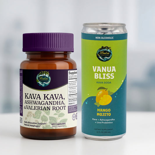 Stress Relief Duo | Kava Kava, Ashwagandha & Valerian Root Capsules + Vanua Bliss Kava Soda
