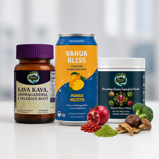 Stress & Balance Trio | Kava Kava, Ashwagandha & Valerian Root Capsules + Vanua Bliss Kava Soda (Pack of 6 Can) + Nourishing Greens Superfood Powder