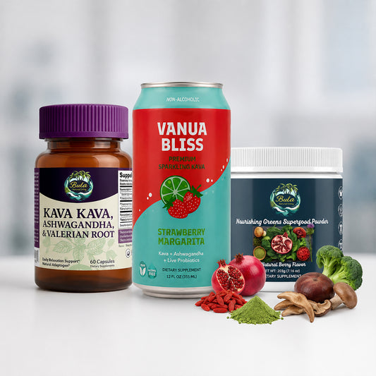 Stress & Balance Trio | Kava Kava, Ashwagandha & Valerian Root Capsules + Vanua Bliss Kava Soda (Pack of 6 Can) + Nourishing Greens Superfood Powder