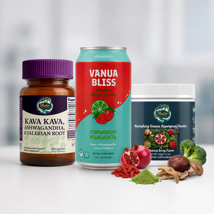 Stress & Balance Trio | Kava Kava, Ashwagandha & Valerian Root Capsules + Vanua Bliss Kava Soda (Pack of 6 Can) + Nourishing Greens Superfood Powder