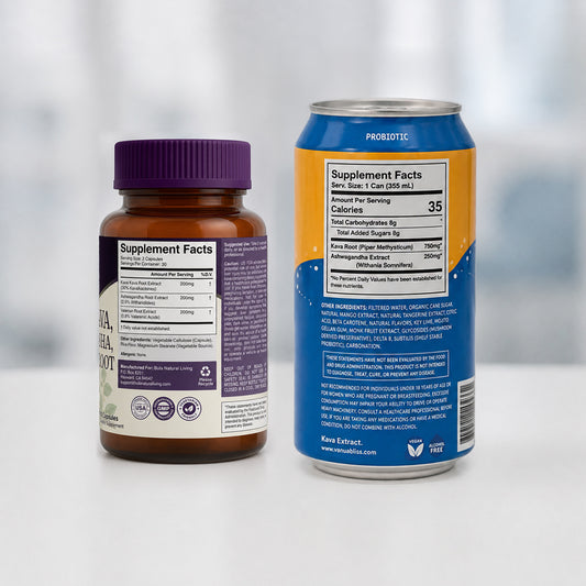 Stress Relief Duo | Kava Kava, Ashwagandha & Valerian Root Capsules + Vanua Bliss Kava Soda (pack of 6 can)