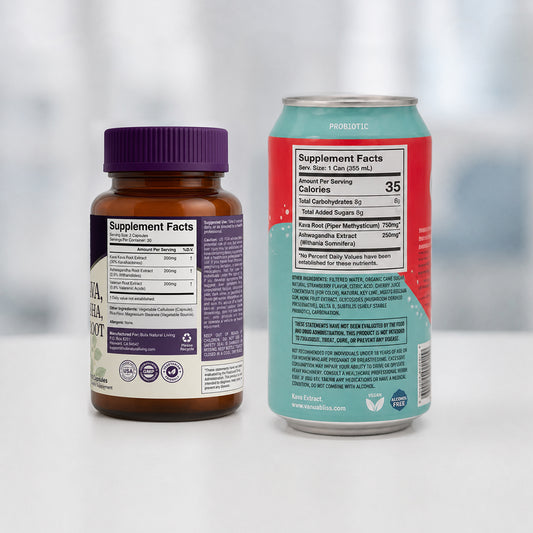 Stress Relief Duo | Kava Kava, Ashwagandha & Valerian Root Capsules + Vanua Bliss Kava Soda (pack of 6 can)