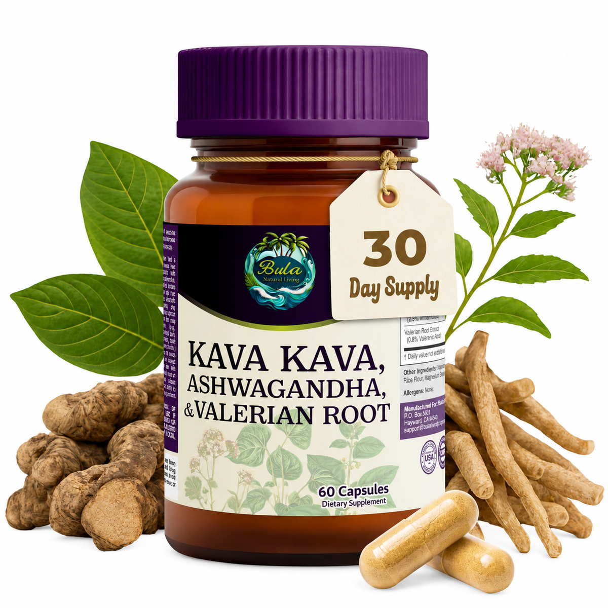 Bula Natural Living Kava Ashwagandha Valerian Root Pills